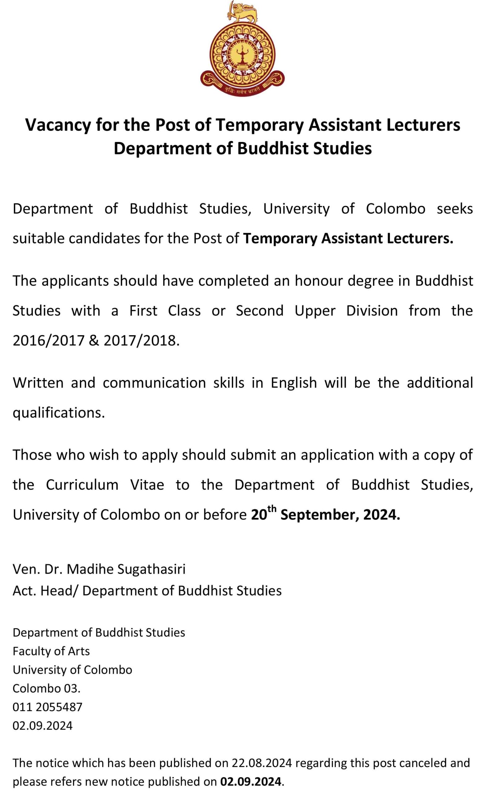 Vacancy for the Post of Temporary Assistant Lecturers