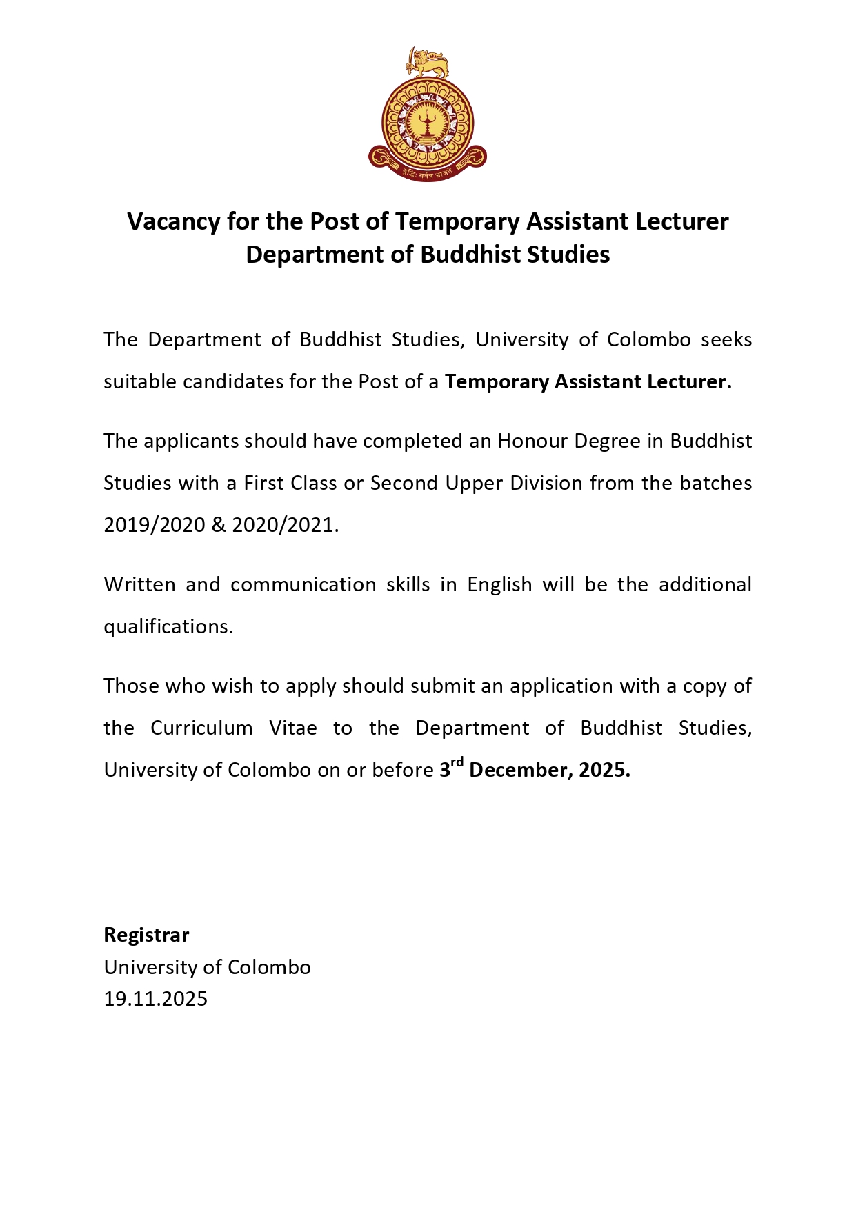 Vacancy – Post of Temporary Assistant Lecturer , Department of Buddhist Studies