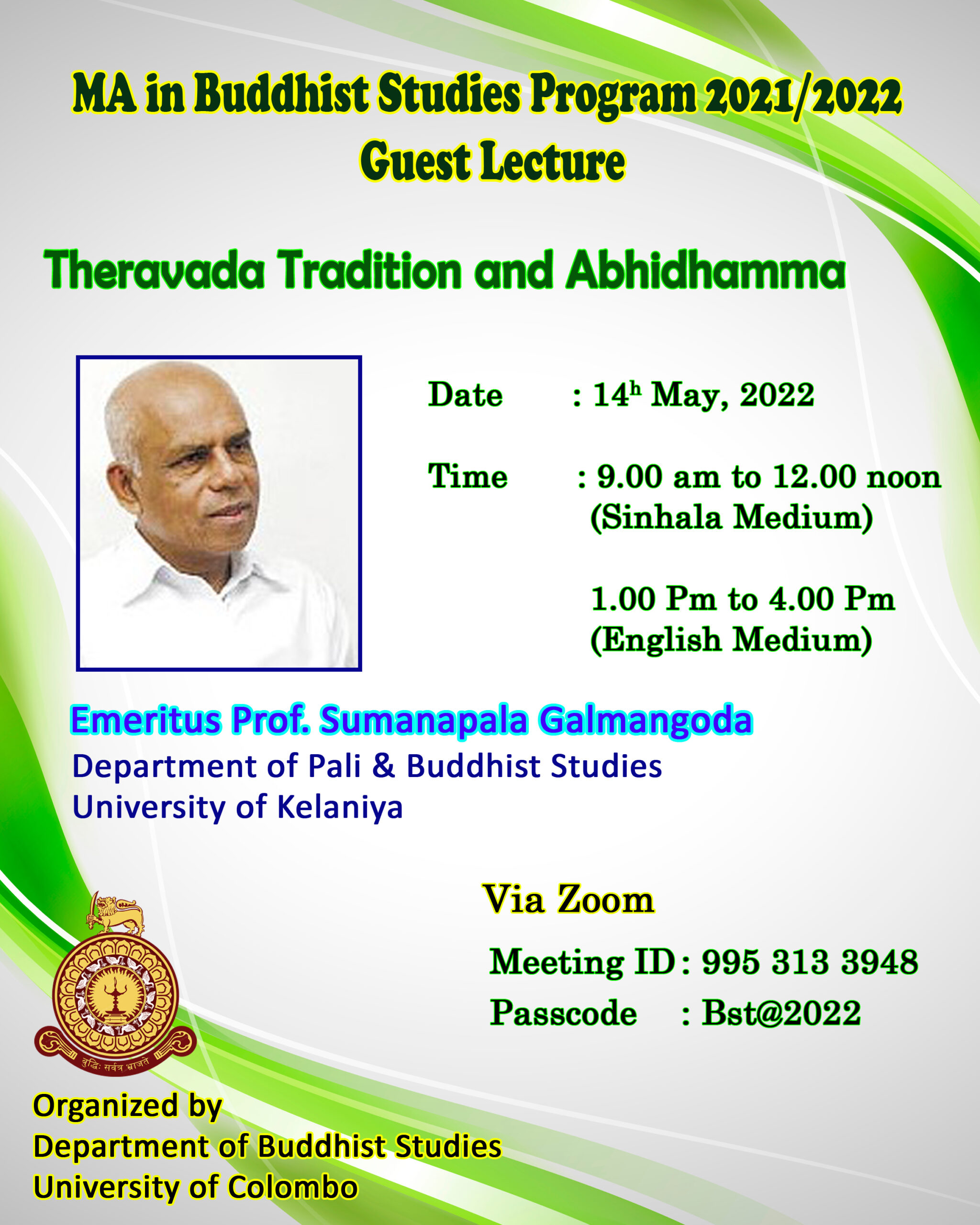 Guest Lecture on ‘Theravada tradition and Abhidhamma’ – 14th May