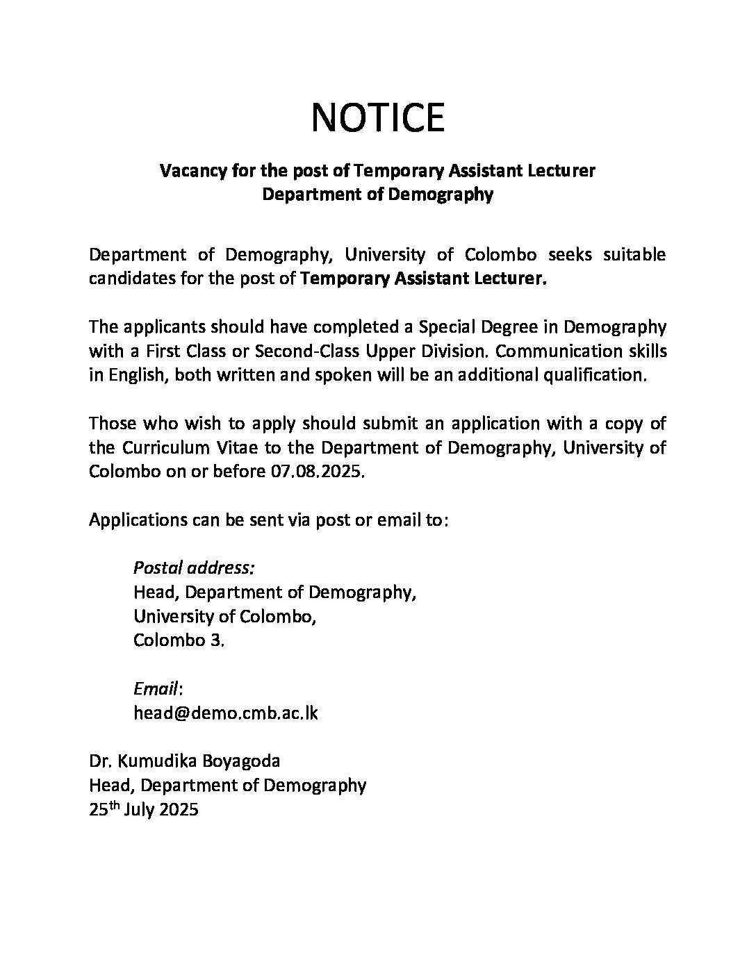 Vacancy: Temporary Assistant Lecturer – Department of Demography