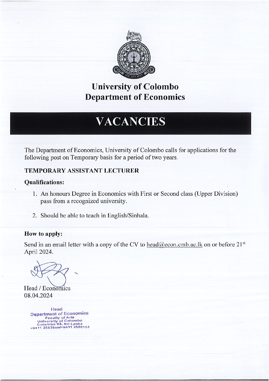 Vacancy – Temperory Assistant Lecturer