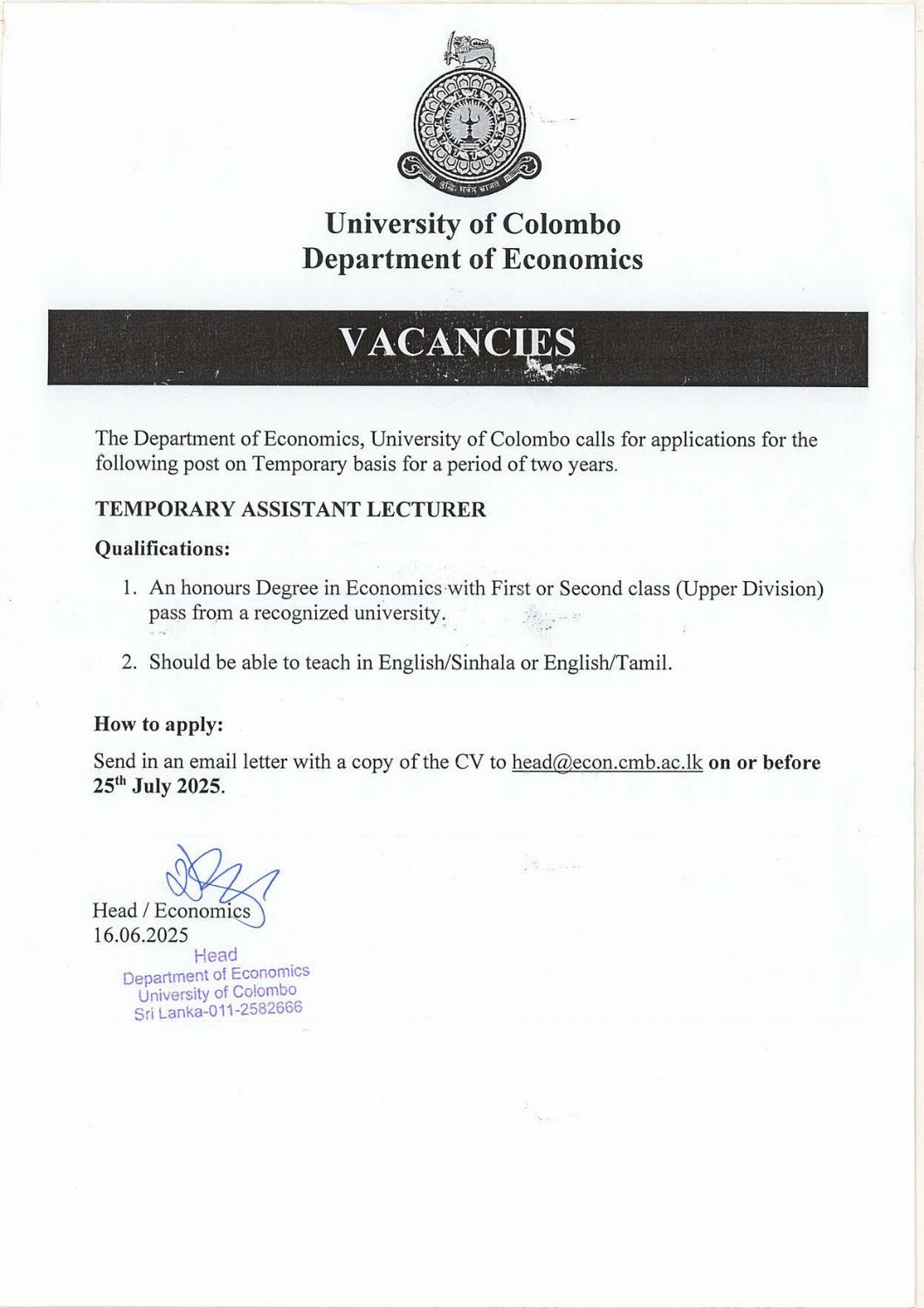 Post of Temporary Assistant Lecturer- Dept. of Economics