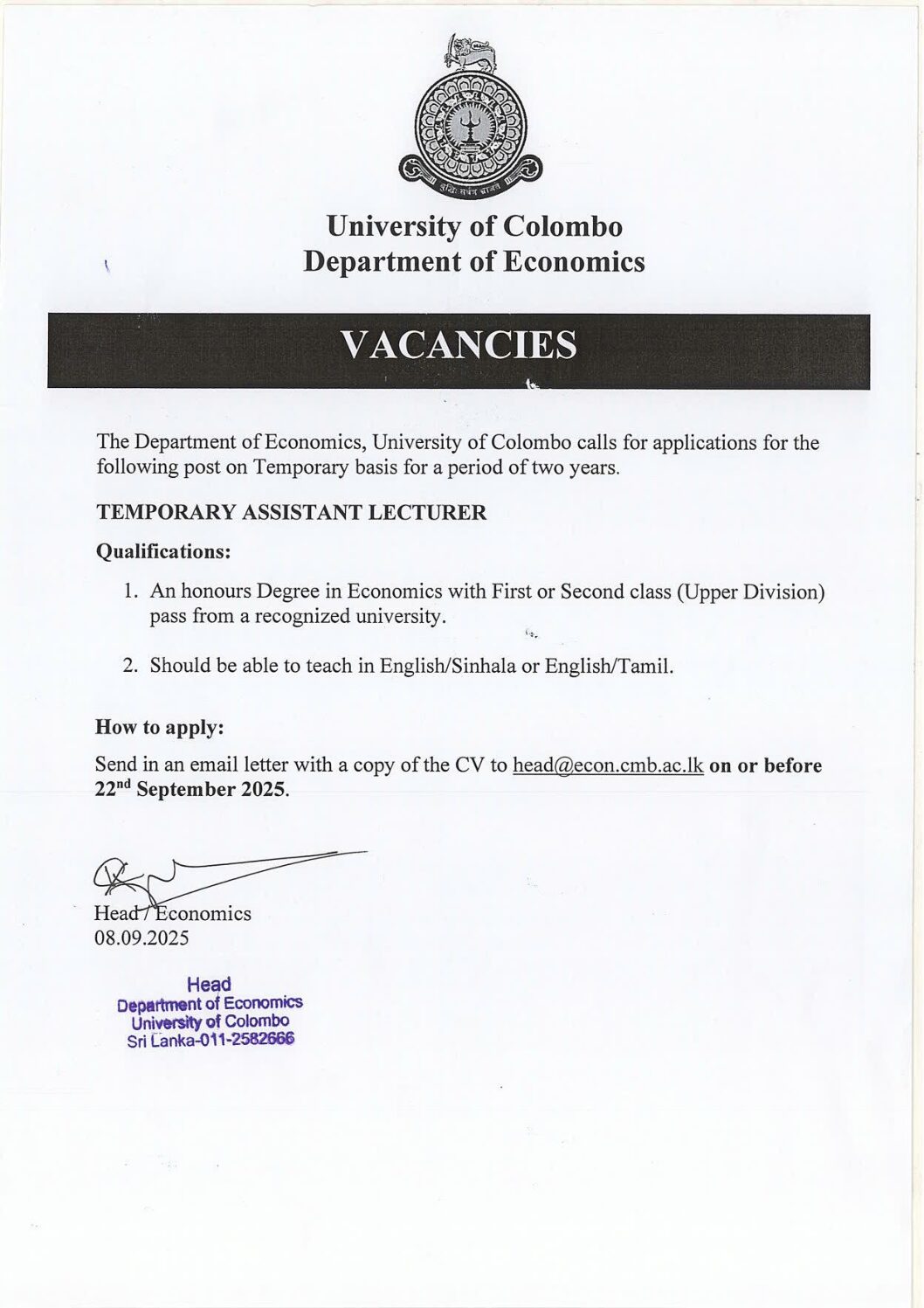 Vacancy – Post of Temporary Assistant Lecturer