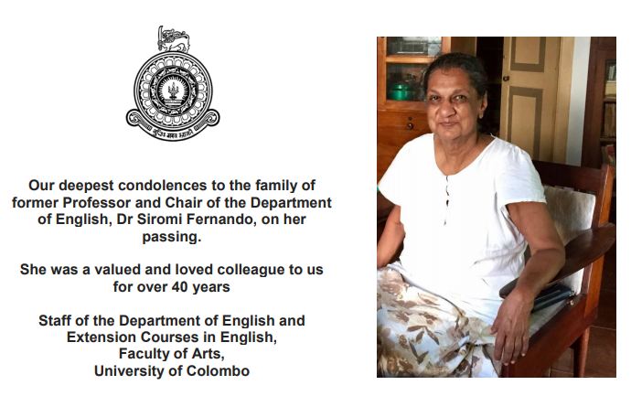 Passing of former Professor Siromi Fernando, former Chair of the Department of English