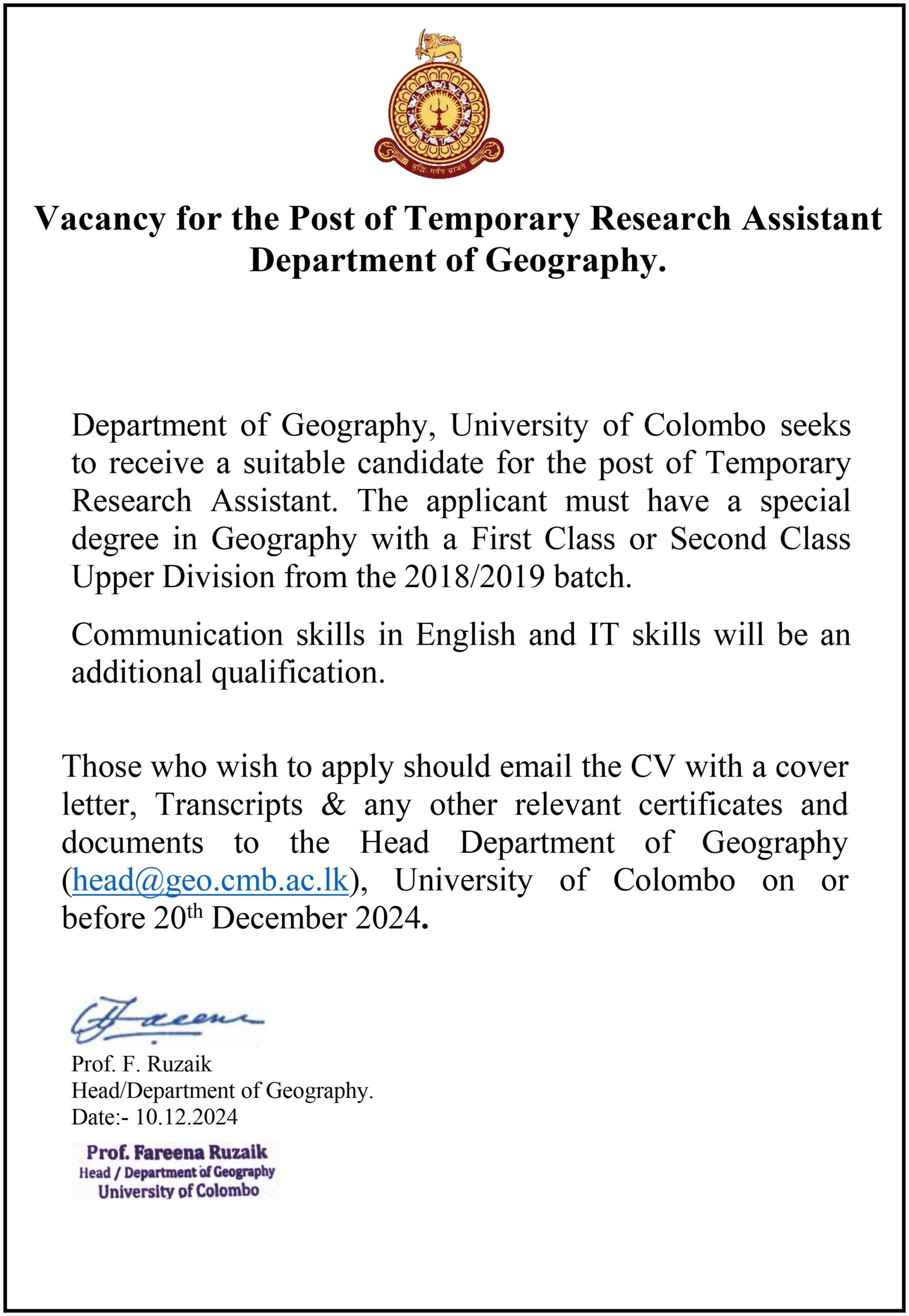 Calling application for Temporary Research Assistant-Dept. Of Geography