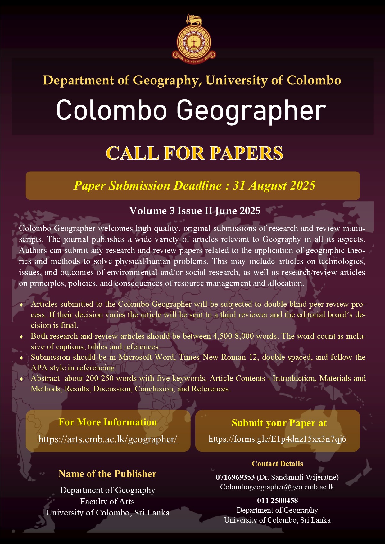 Call for papers – Journal of Colombo Geographer