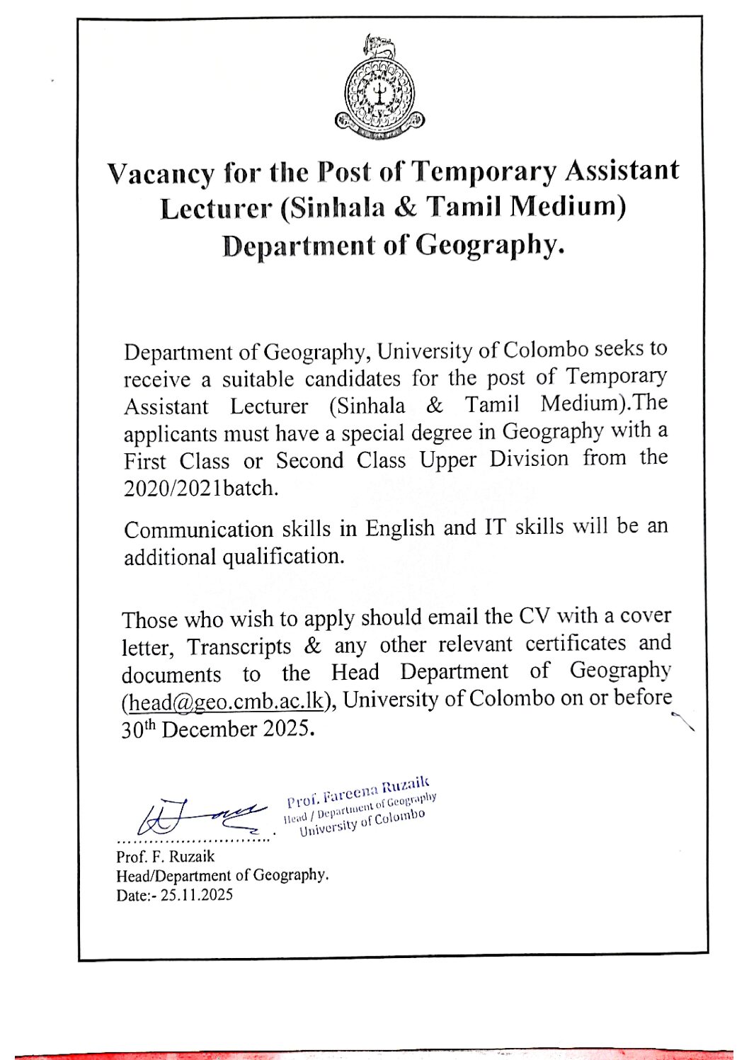 Vacancy – Temporary Assistant Lecturer