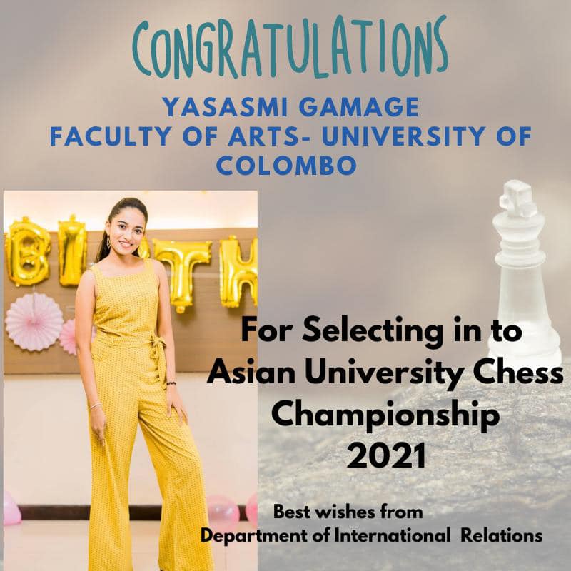 Congratulations Yasasmi for being selected for Asian University Chess Championship 2021
