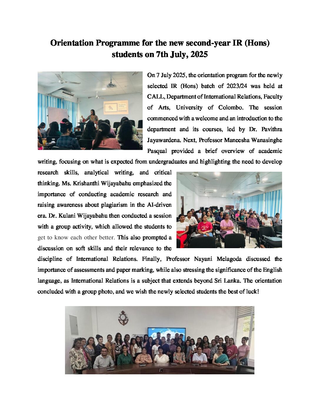 Orientation Programme for the new second-year IR (Hons)  students on 7th July, 2025
