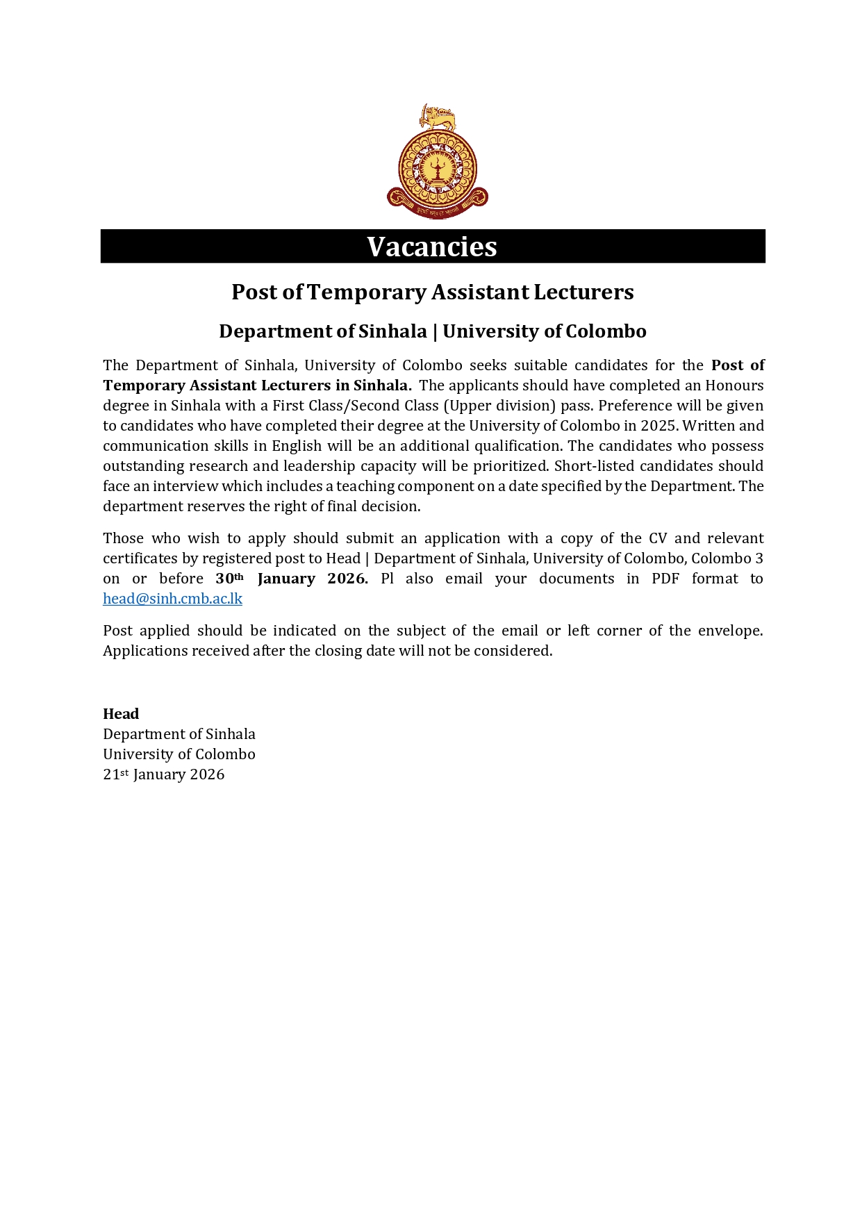 Vacancy – Temporary Assistant Lecturer, Department of Sinhala