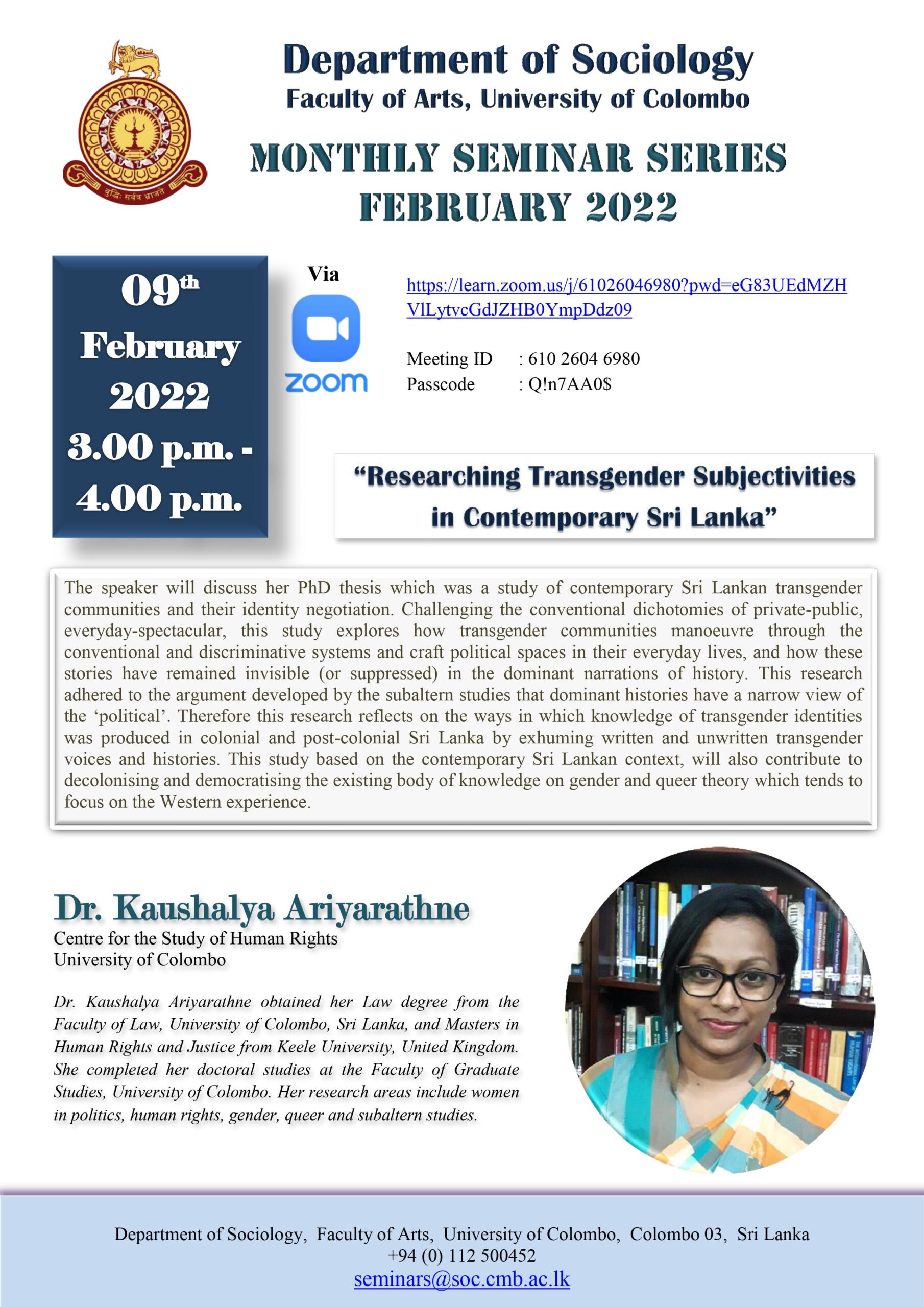 Department of Sociology Monthly Seminar Series – 09th Feb.