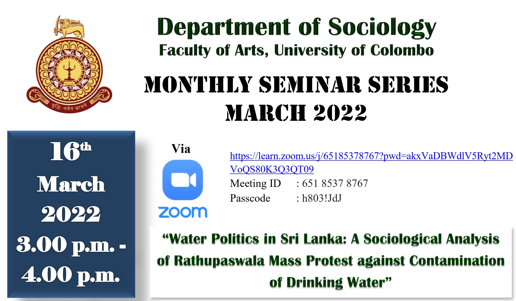 Department of Sociology Monthly Seminar Series – 16th March