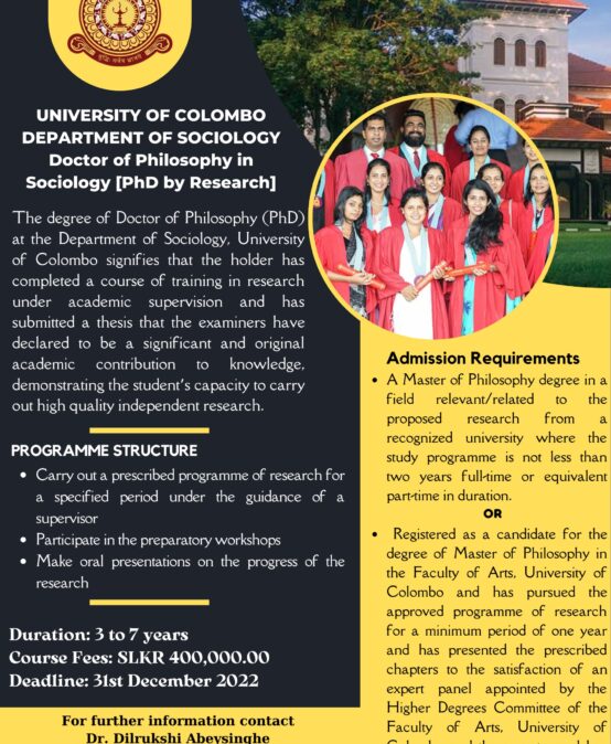 Doctor of Philosophy in Sociology (PhD by Research) – Deadline was extended