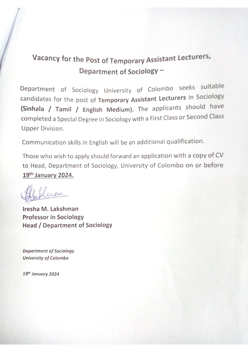 Post of Temporary Assistant Lecturer (Sinhala/Tamil/English)
