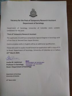 Vacancy for Post of Temporary Research Assistant
