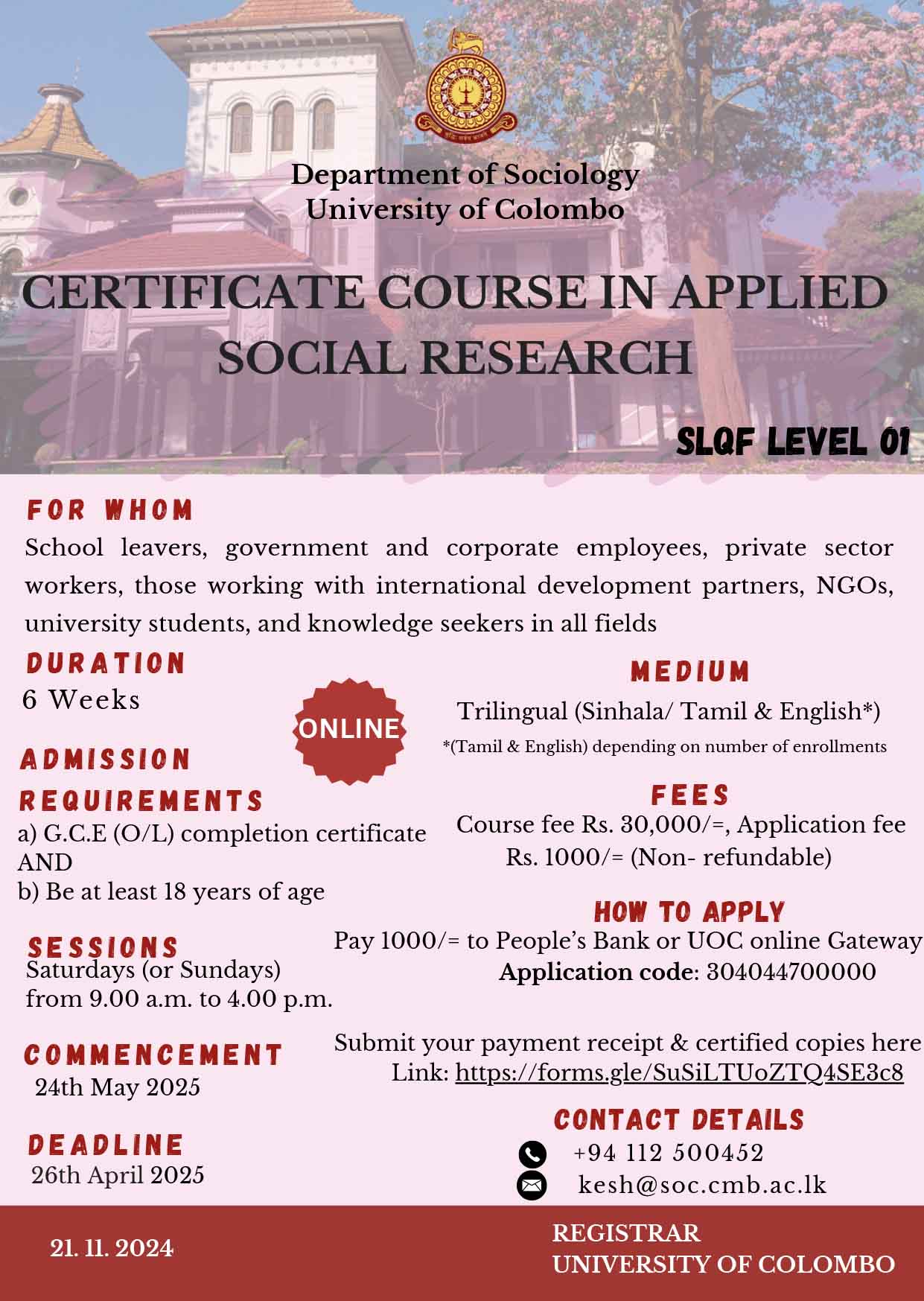 CERTIFICATE COURSE IN APPLIED SOCIAL RESEARCH