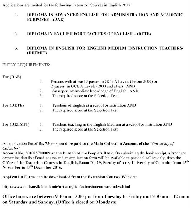 Extension Courses in English 2017 Faculty of Arts