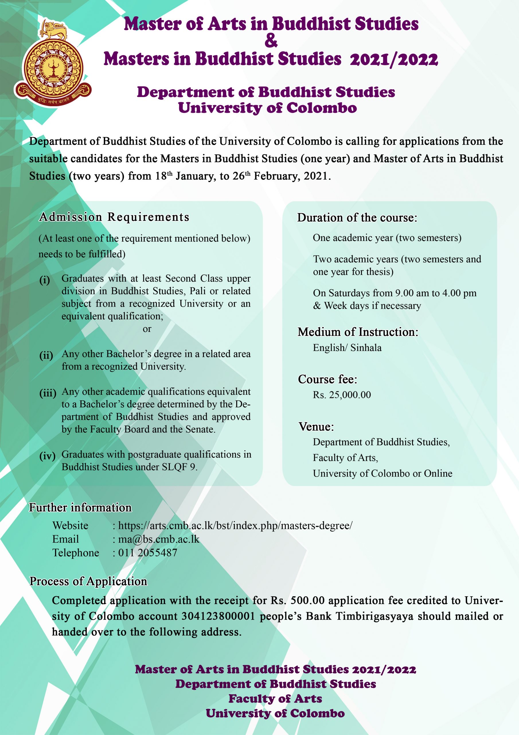 Master of Arts in Buddhist Studies & Masters in Buddhist Studies 2021 / 2022 Master of Arts in Buddhist Studies & Masters in Buddhist Studies 2021 / 2022