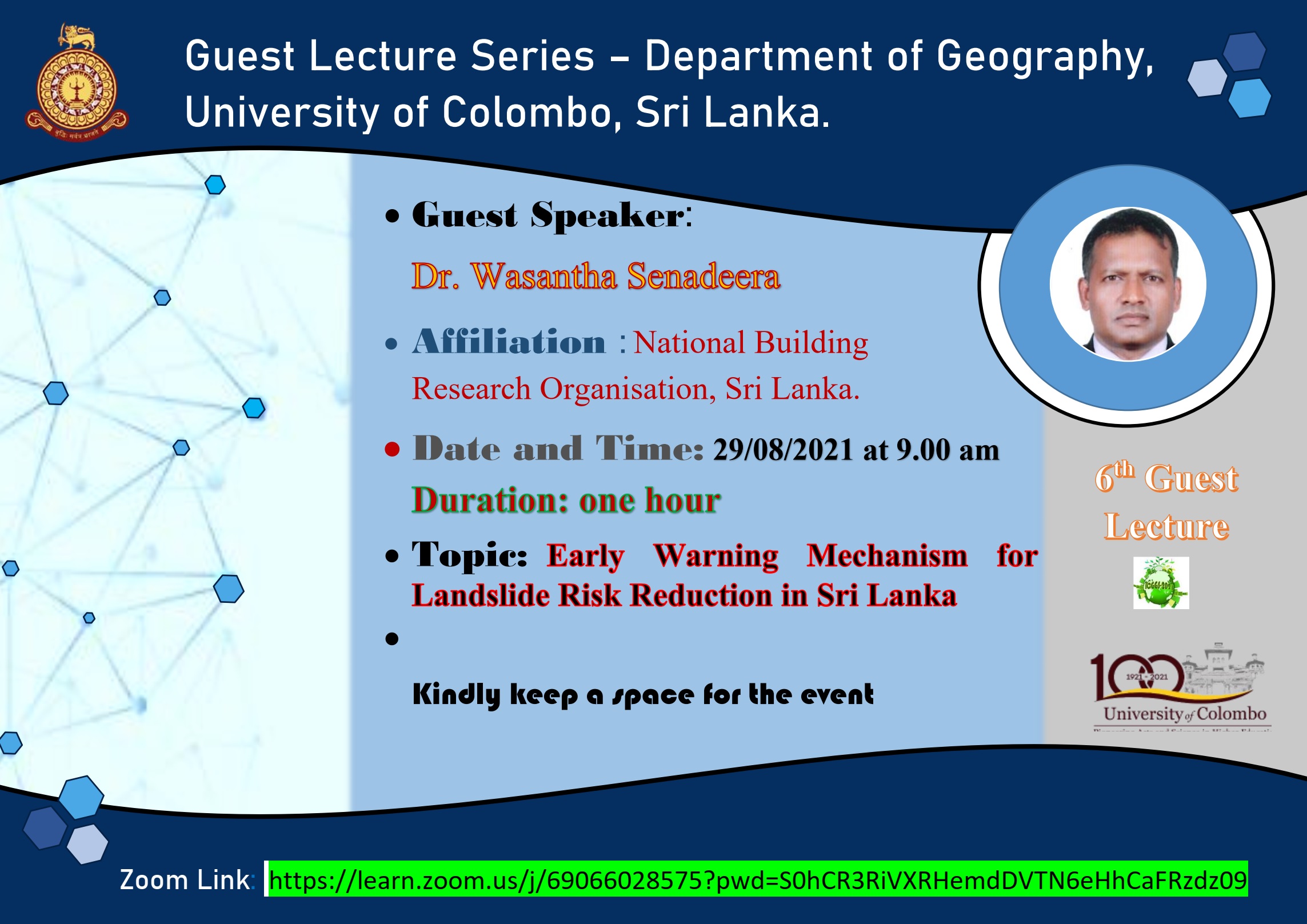 Guest Lecture on ‘Early Warning Mechanism for Landslide Risk Reduction in Sri Lanka’-29th Aug.