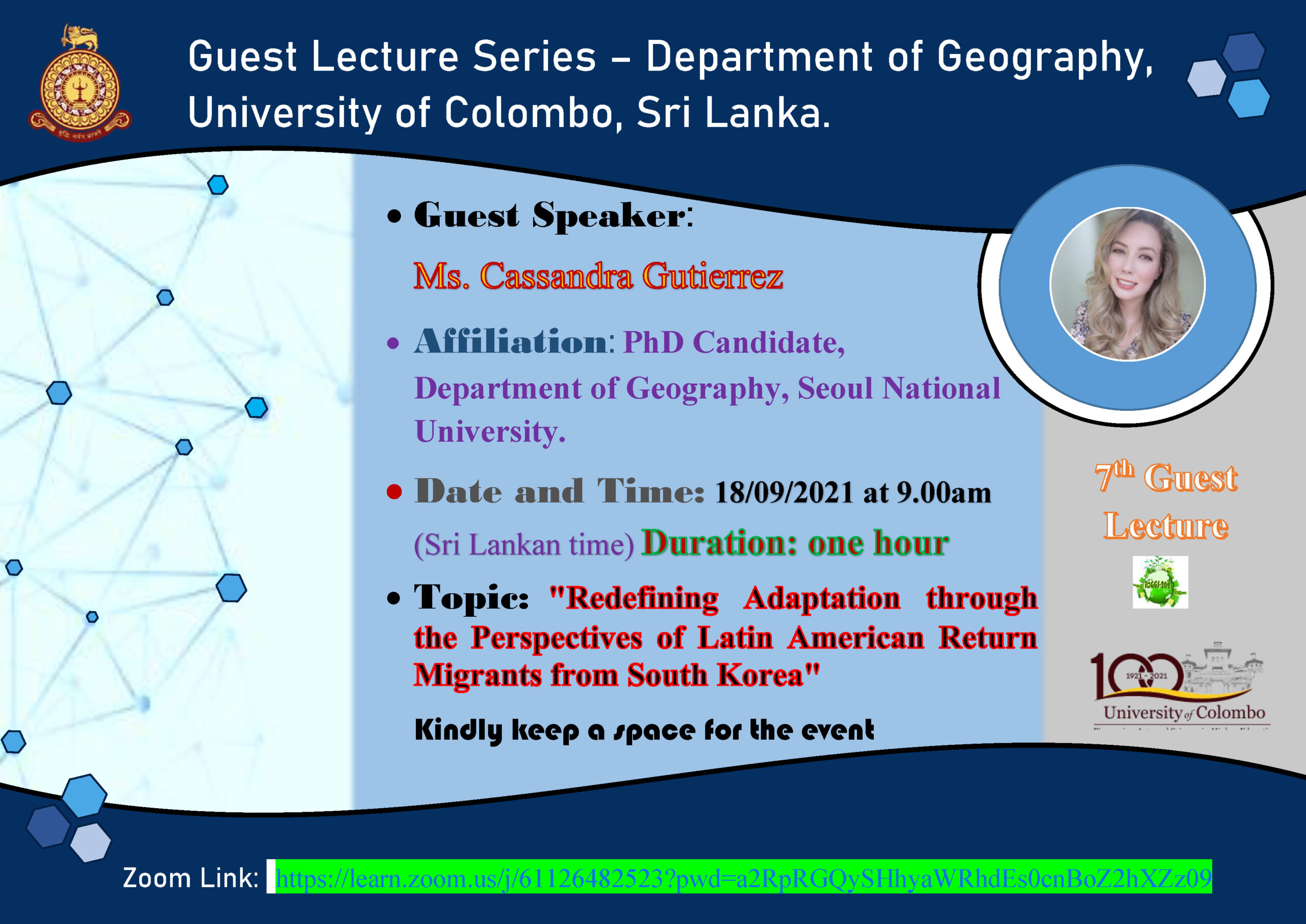 Guest Lecture on “Redefining Adaptation through the Perspectives of Latin American Return Migrants from South Korea”-18th Sept.