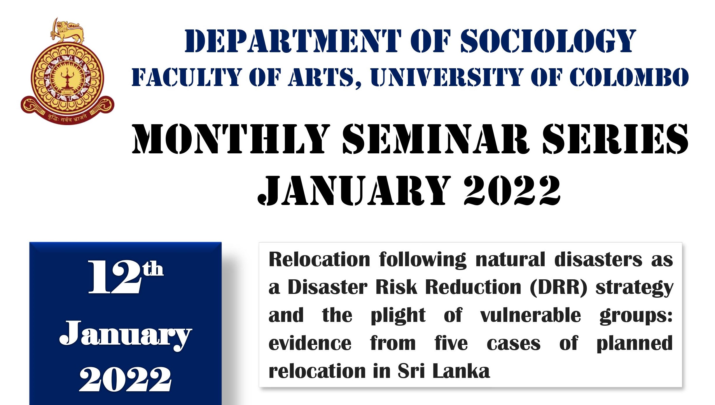 Department of Sociology Monthly Seminar Series – 12th Jan.