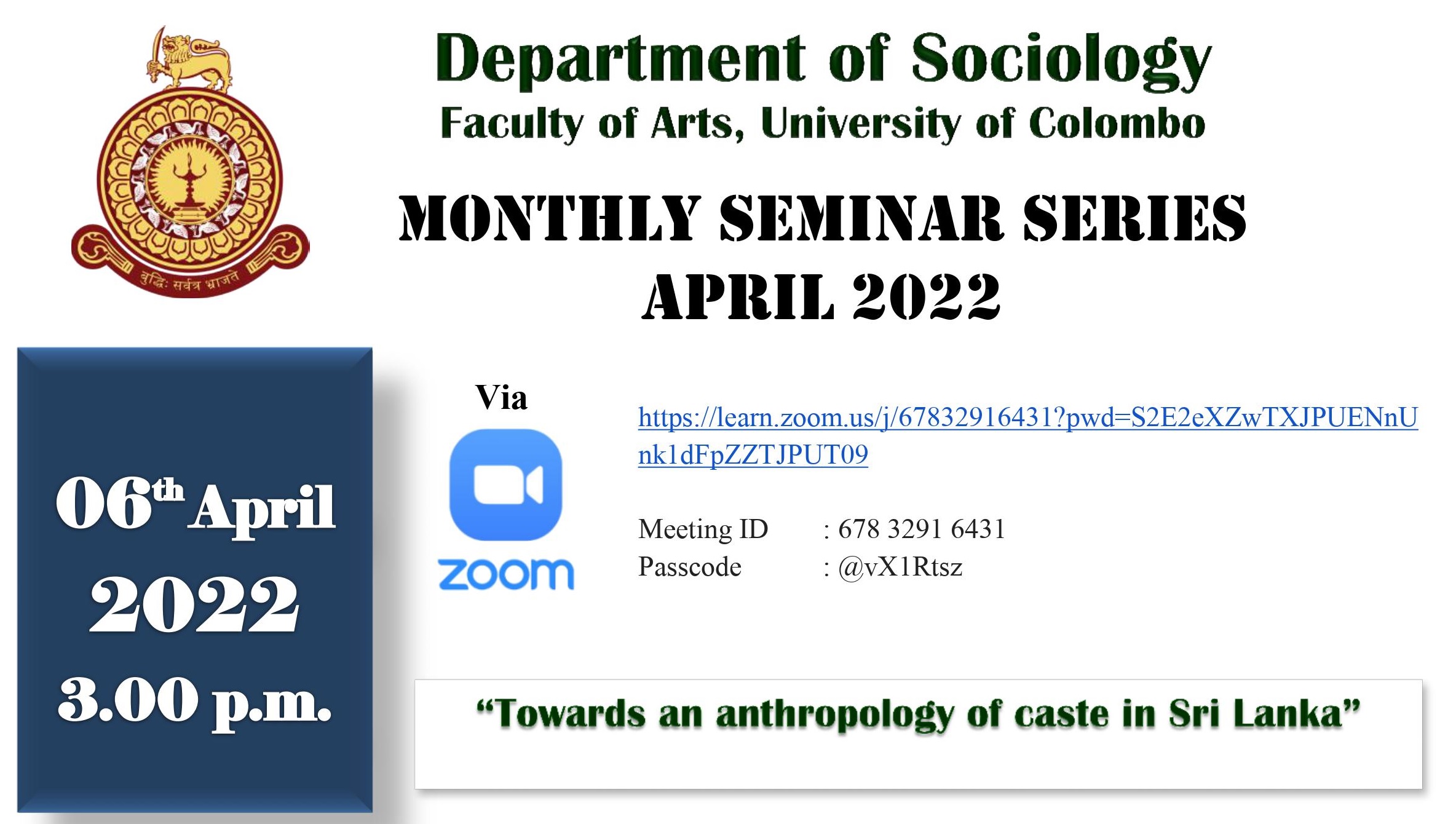 Department of Sociology Monthly Seminar Series  – 06th April