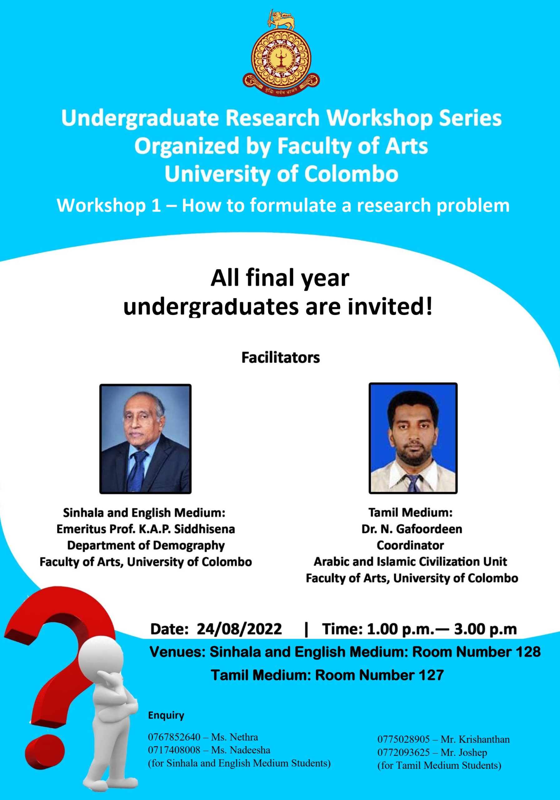 Workshop 1 – The Undergraduate Research Workshop Series for final year undergraduates – 24th Aug.