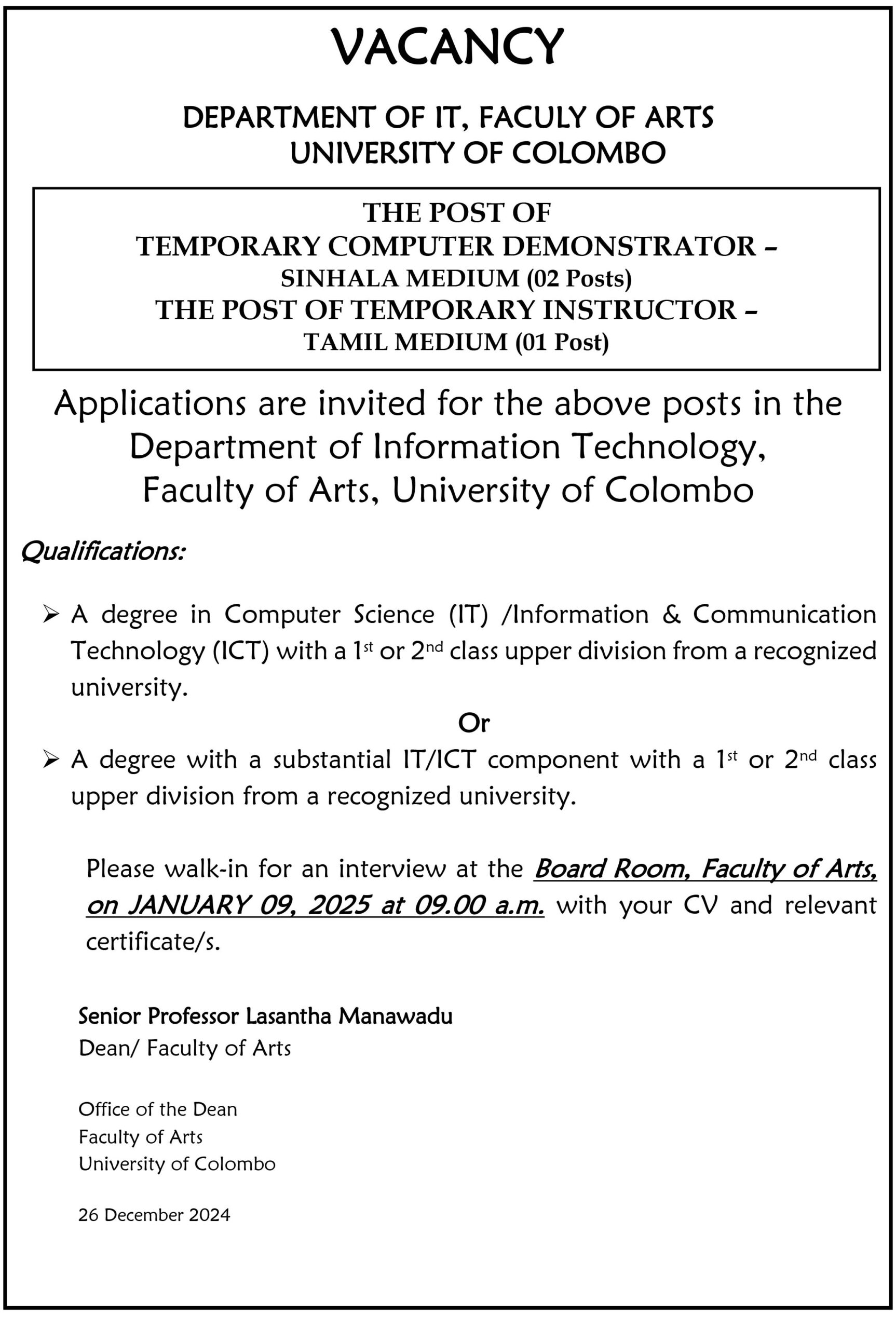 Post of Computer Instructor/Demonstrator