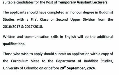 Vacancy for the Post of Temporary Assistant Lecturers Department of Buddhist Studies