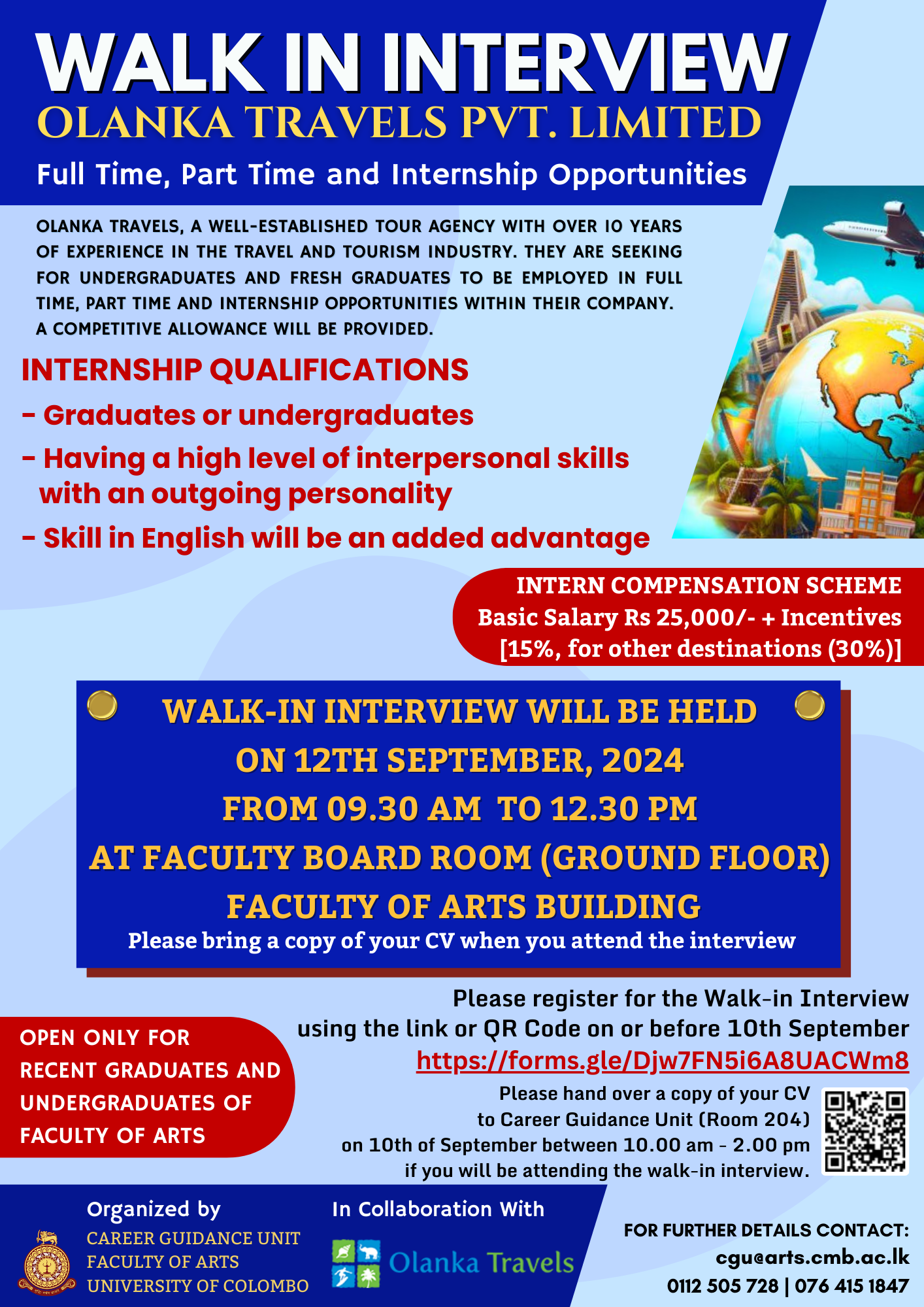 Walk-In Interview on 12th September- Organized by Career Guidance Unit, Faculty of Arts in collaboration with Olanka Travels Pvt. Limited