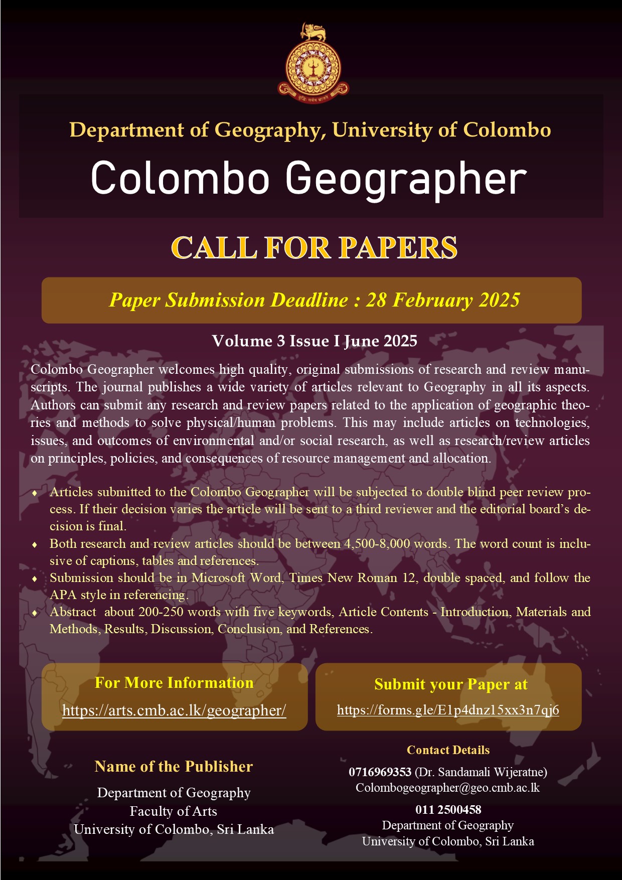 Journal of Colombo Geographer – Call for papers