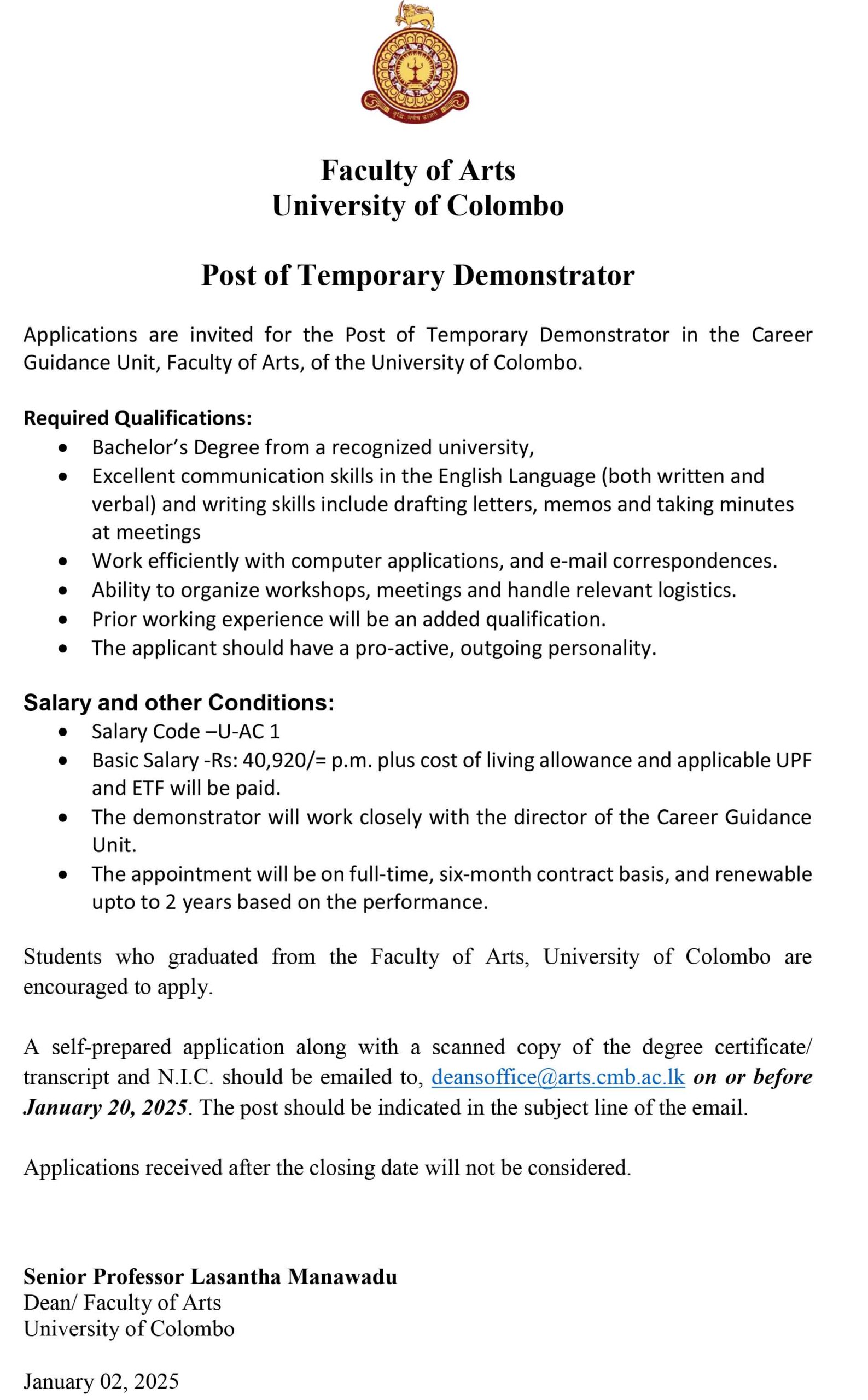 Vacancy – Temporary Demonstrator/ CGU