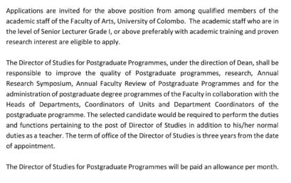 VACANCY – DIRECTOR OF STUDIES FOR POSTGRADUATE PROGRAMMES