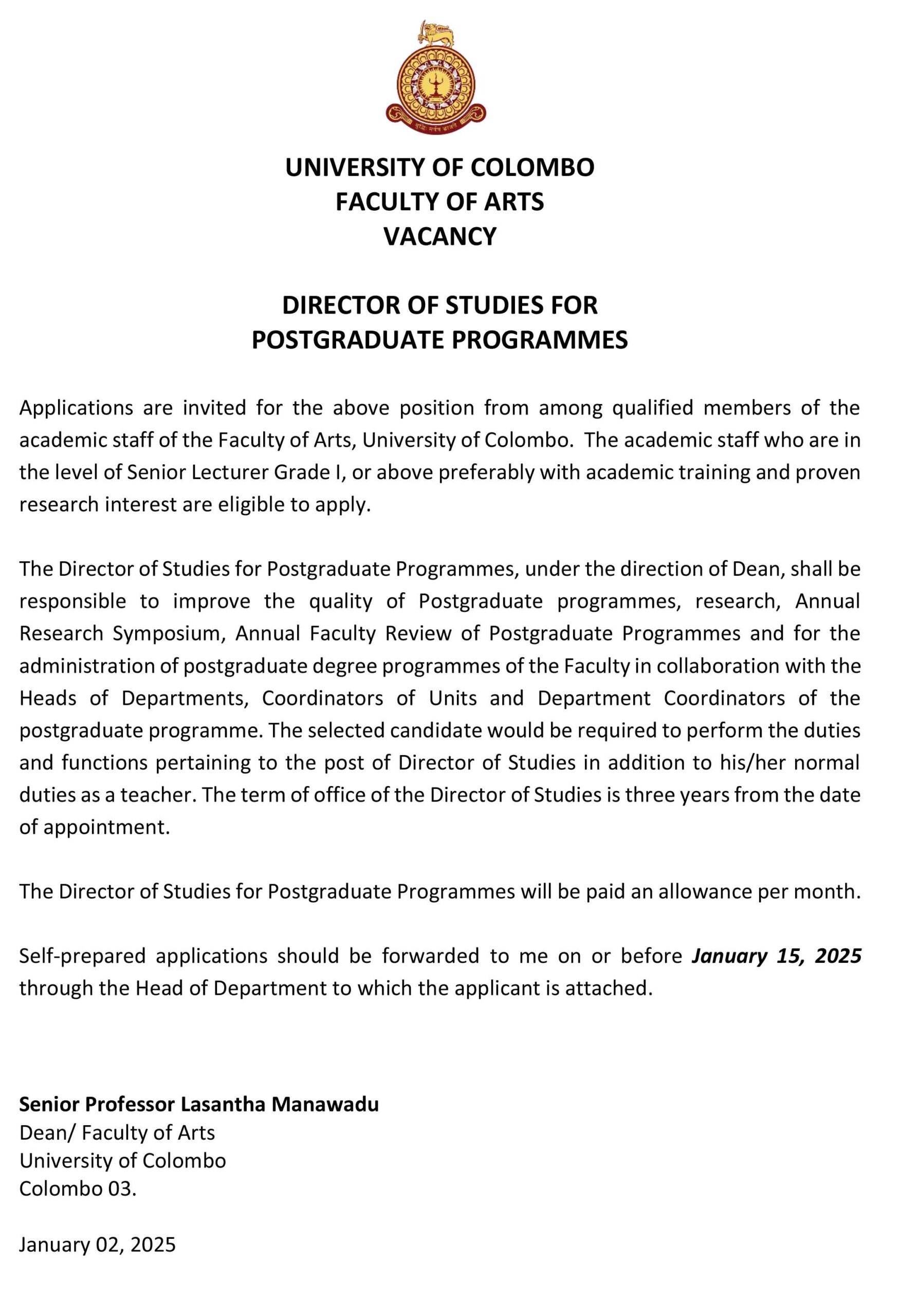 VACANCY – DIRECTOR OF STUDIES FOR POSTGRADUATE PROGRAMMES