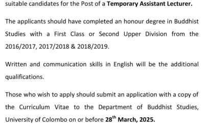 Vacancy for the Post of Temporary Assistant Lecturer  Department of Buddhist Studies