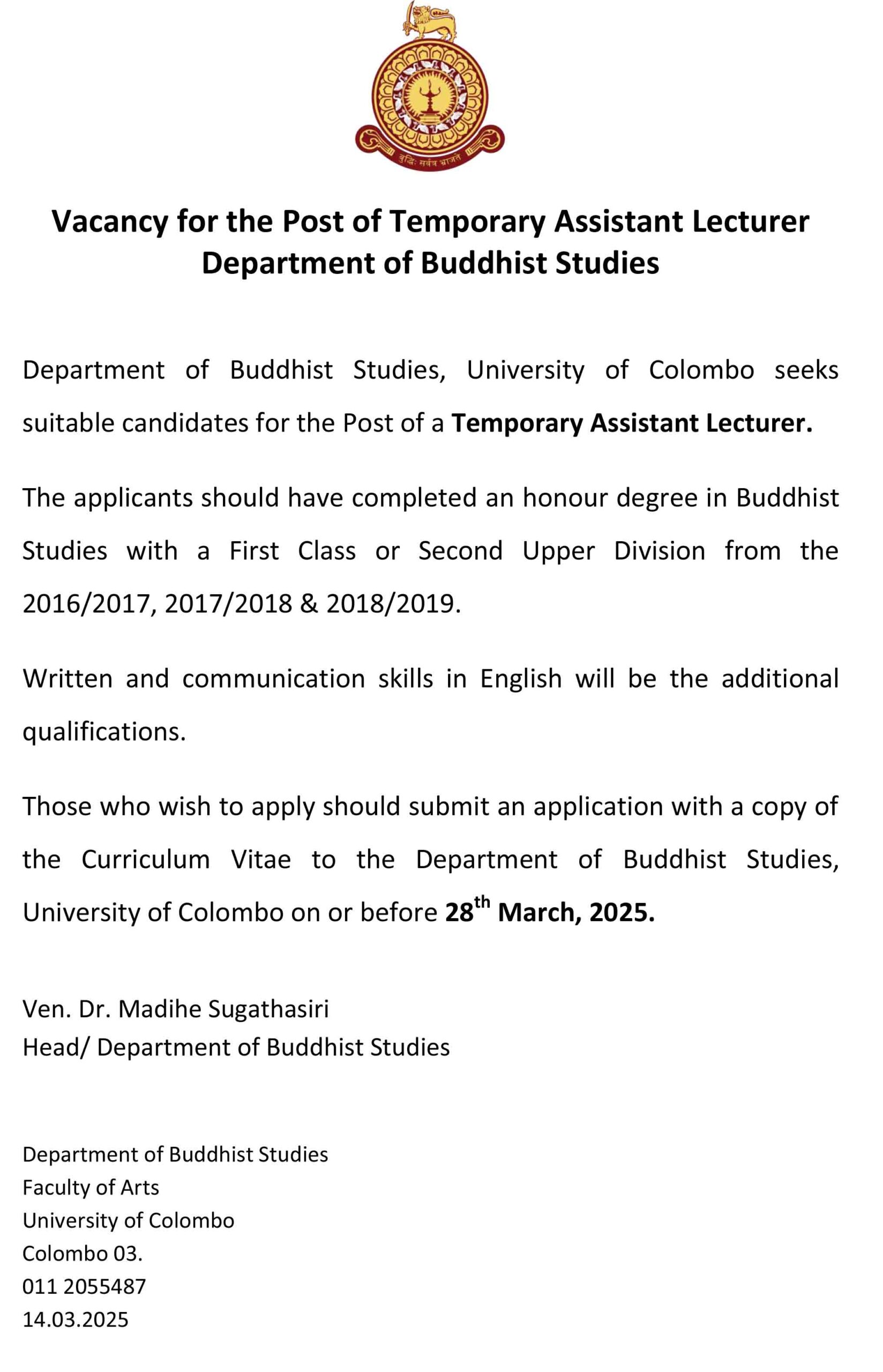 Vacancy for the Post of Temporary Assistant Lecturer  Department of Buddhist Studies