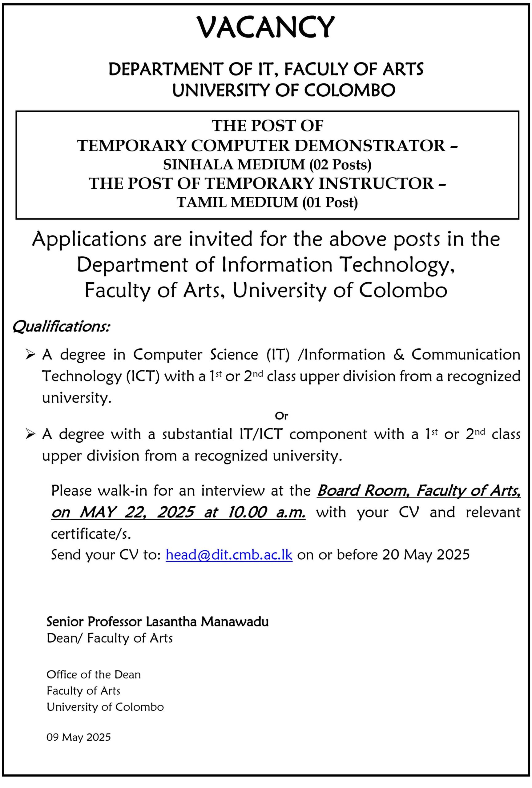 Post of Temporary Computer Instructor/Demonstrator-Department of IT