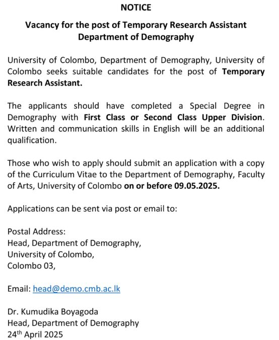 Temporary Research Assistant – Department of Demography