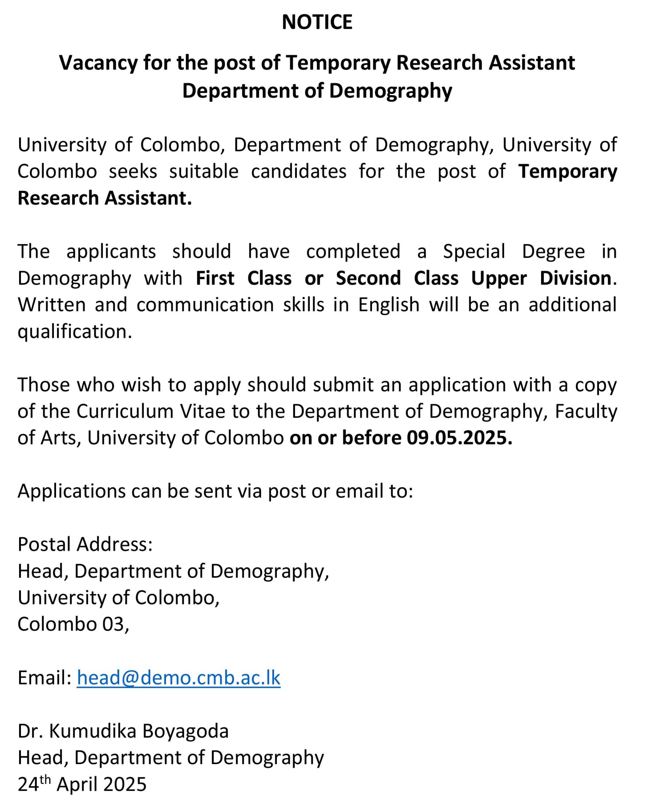 Temporary Research Assistant – Department of Demography Temporary Research Assistant – Department of Demography