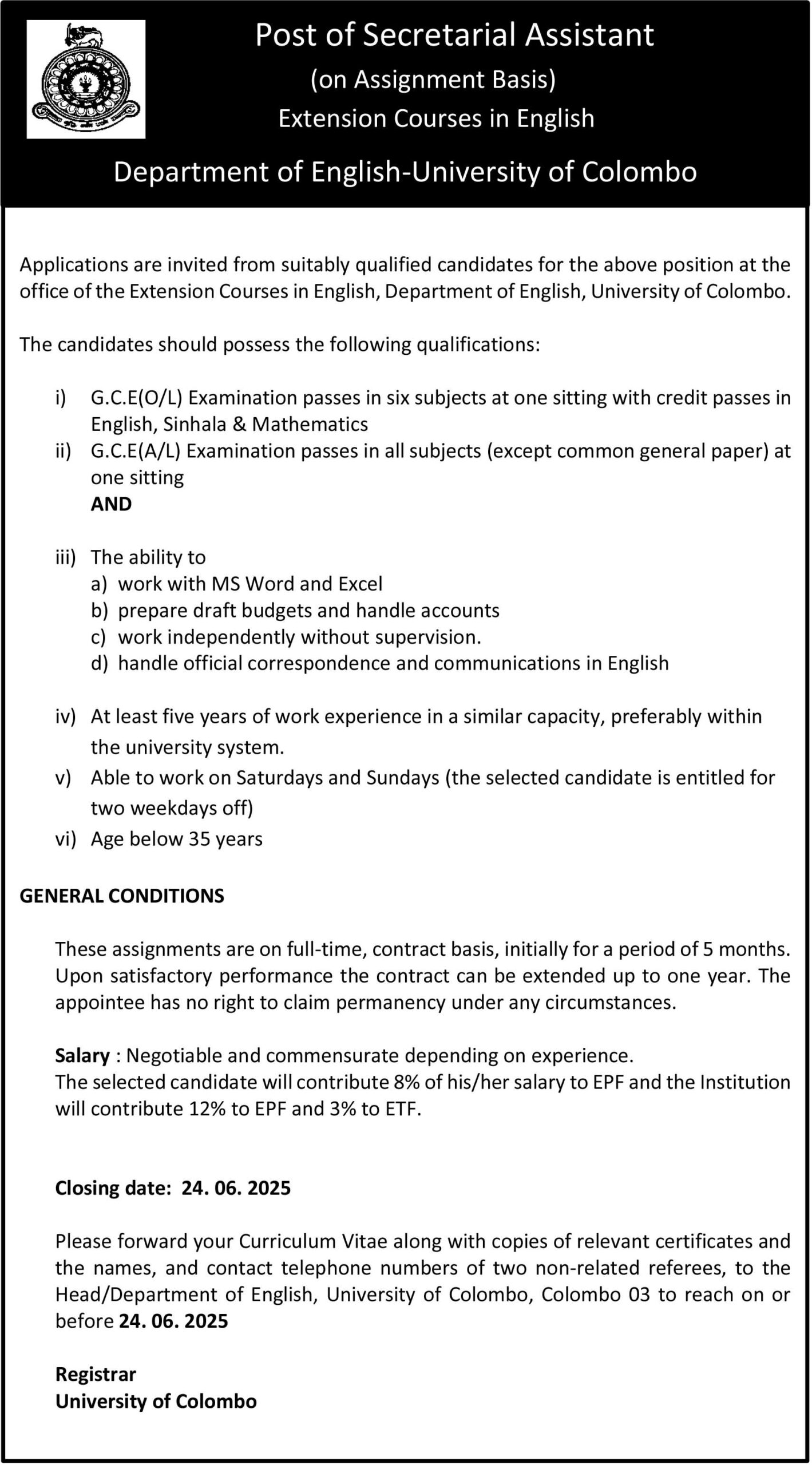 Post of Project Assistant ECE 2025