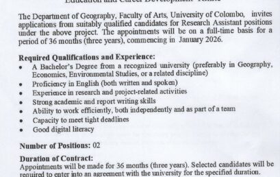 Vacancy – Post of Research Assistant