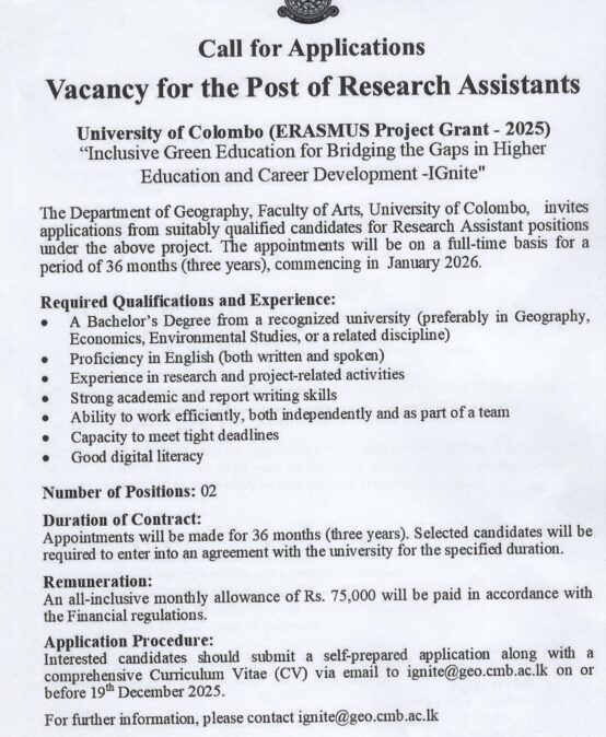 Vacancy – Post of Research Assistant
