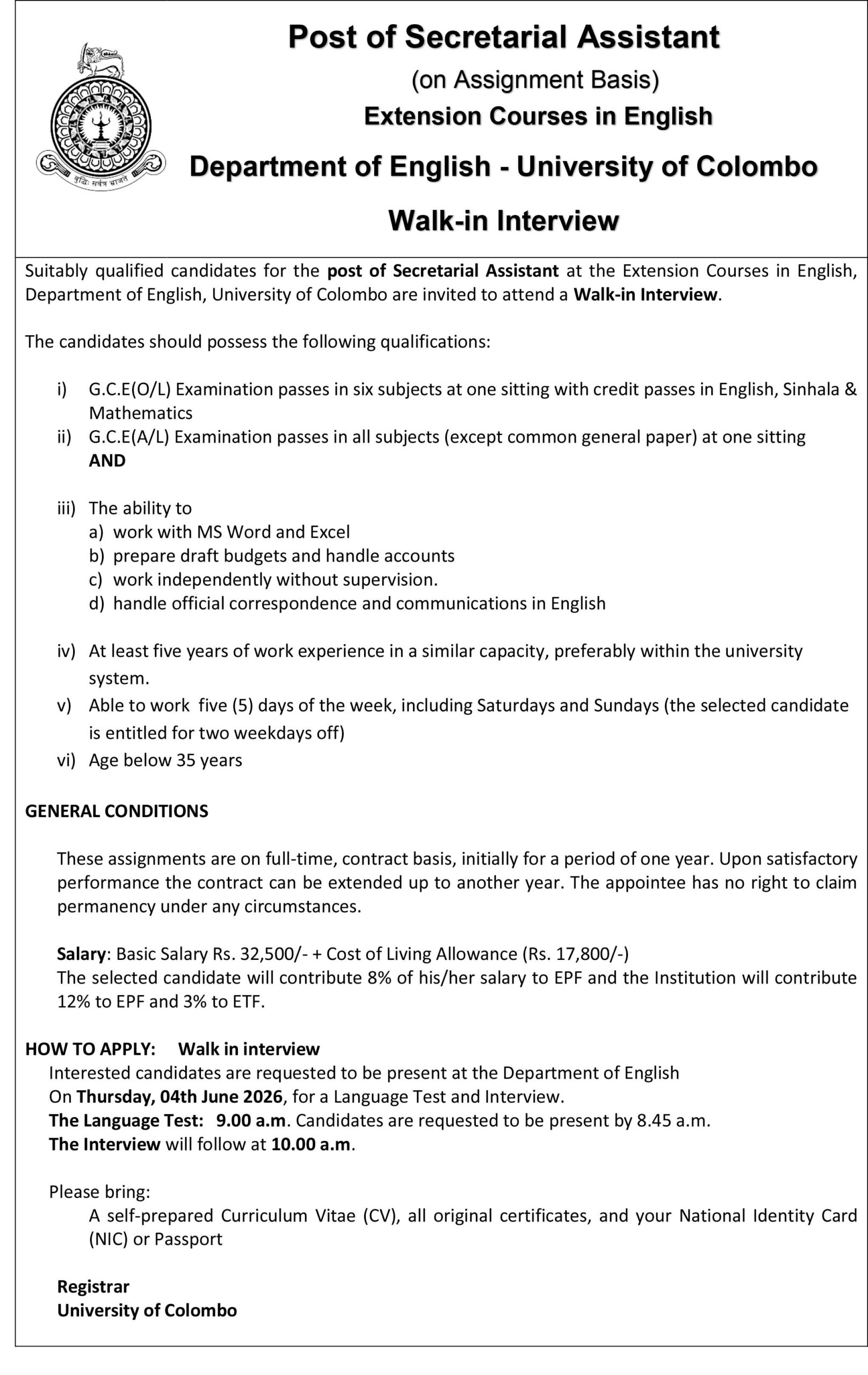 Post of Secretarial Assistant (on Assignment Basis)