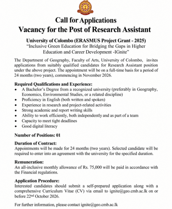 Post of  Research Assistant