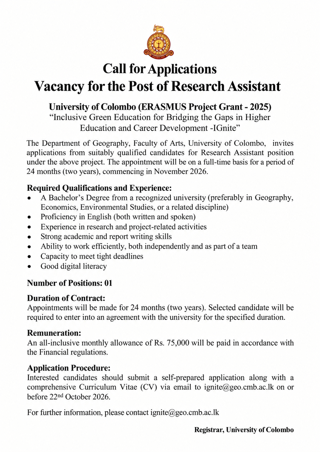 Post of  Research Assistant